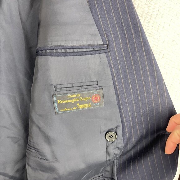 Ermenegildo Zegna Blazer Navy w/ Brown Chalk Stripe Double Breasted Wool Sz 46W - Picture 13 of 16